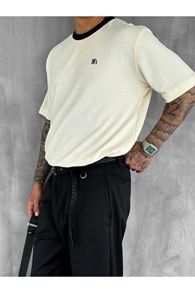 ablukaonline Ανδρικό μπλουζάκι με λεπτομέρεια με αντίθεση Oversize Basic Cream