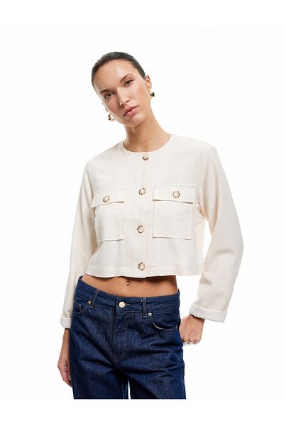 Koton New Season Viscose Fabric Long Sleeve Capped Pocket Detailed Crew Neck Jacket