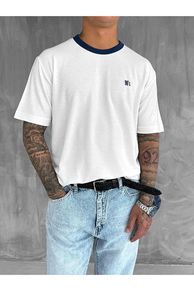 ablukaonline Men's Contrast Detailed Oversize Basic T-Shirt Ecru