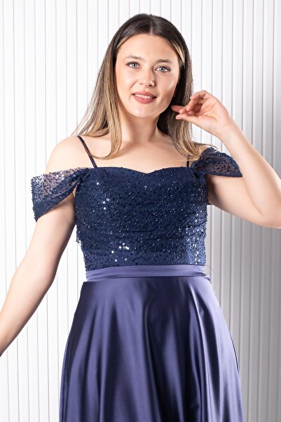 SUBU TASARIM Strap Sequin Satin Evening Dress Navy Blue Tbs386