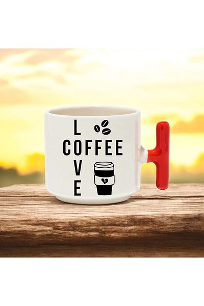 BB TRADE Love Coffee Designed Red t Handle Ceramic Printed Mug Cup 250 ml