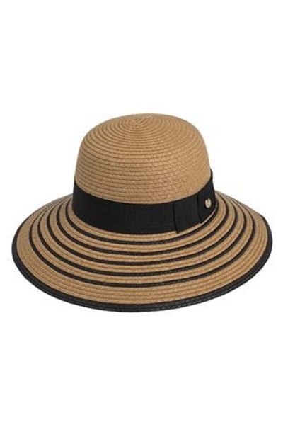 OEM Natural Color Hat with Black Ribbon & Stripes for Women