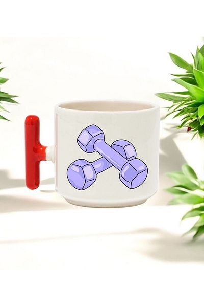 BB TRADE Dumbbell Designed Red T-Handled Ceramic Printed Mug 250 ml