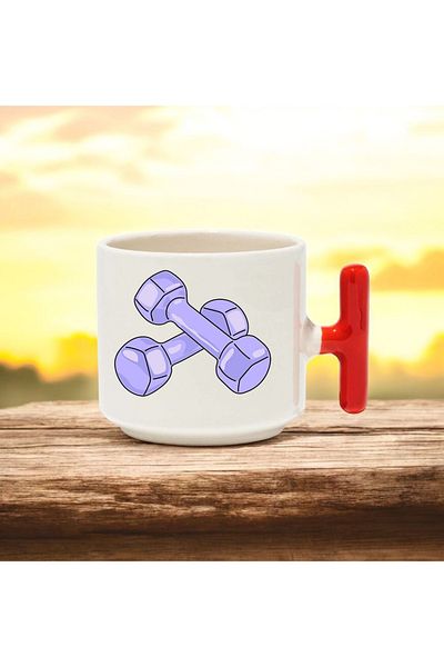 BB TRADE Dumbbell Designed Red T-Handled Ceramic Printed Mug 250 ml