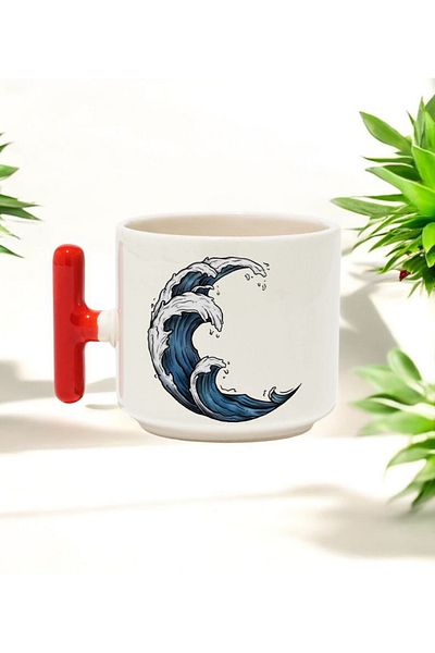 BB TRADE Wavy Sea Design Red t Handle Ceramic Printed Mug 250 ml