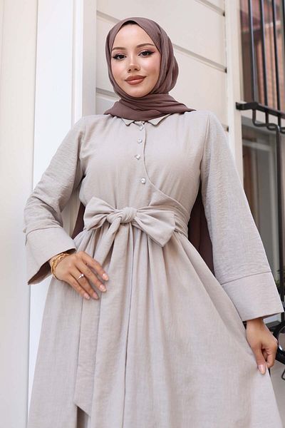 benguen Φόρεμα Hijab με δεμένη μέση μπεζ 2304