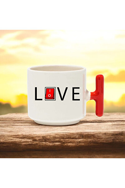 BB TRADE كوب سيراميك مطبوع بمقبض على شكل حرف T باللون الأحمر مع تصميم Love Ke...