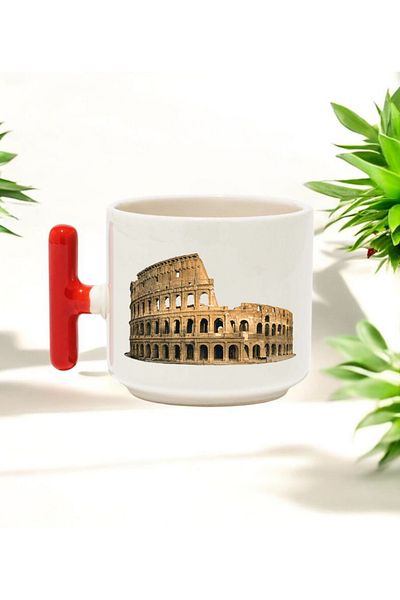 BB TRADE Collesium Designed Red t Handle Ceramic Printed Mug 250 ml