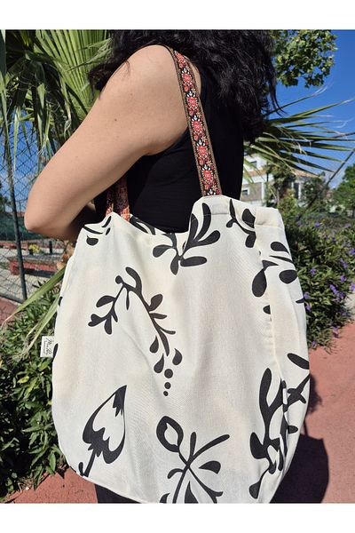Mia Pera Beach Bag Ecru Ground Black Floral Patterned Raw Linen Black Red Grosgrain Strap Beach Bag