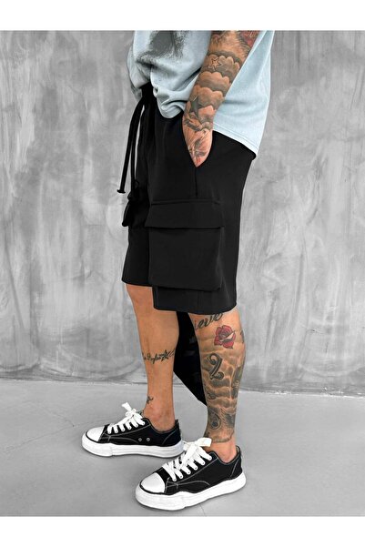 ablukaonline Men's Elastic Waist Cargo Pocket Oversize Shorts Black