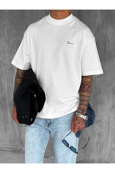 ablukaonline Ανδρικό μπλουζάκι Oversize με μπαλώματα στην πλάτη Λευκό