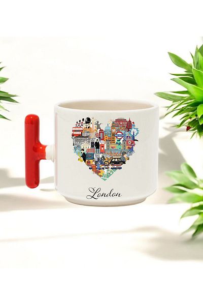 BB TRADE London Designed Red t Handle Ceramic Printed Mug Cup 250 ml