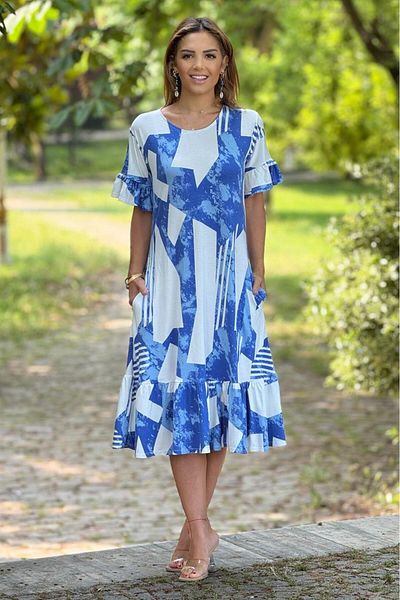 Nevin Kaya Moda Blue Pablo Patterned Skirts Ruffled Summer Dress of Combed Cotton