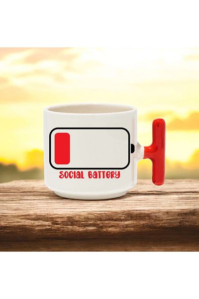BB TRADE Social Battery Designed Red T-Handle Ceramic Printed Mug 250 ml
