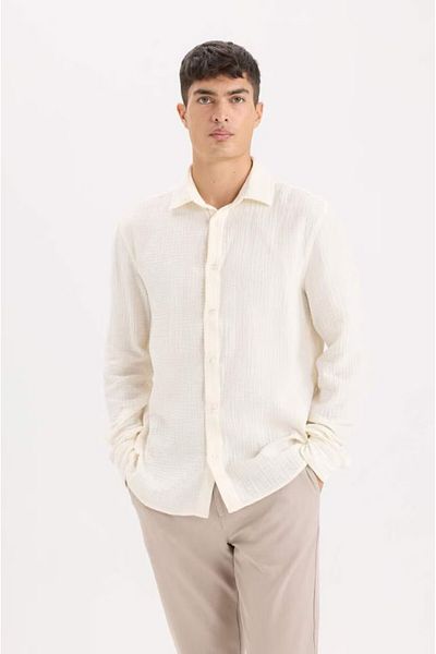 DeFacto Men's Shirt Muslin Fabric 100% Cotton Regular Fit Polo Neck Long Sleeve