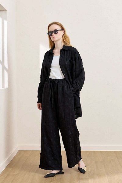 Ceylan Otantik Black Scalloped Muslin Shirt & Double Leg Trousers Set