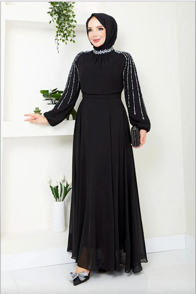 ModaMerve Sleeves Embroidered Evening Dress 6089Lpn909-M Black