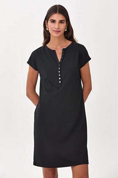 İKİLER Hakim Yaka Önü Çıtçıtlı Düşük Kol Elbise 025-2514