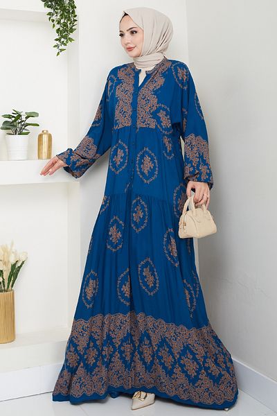 InStyle Gold Ethnic Pattern Petrol Blue Viscose Dress