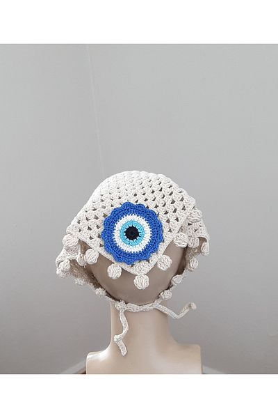 HemaSTR Hand Knitted Evil Eye Beaded Bandana Knit Bandana Scarf Cotton Yarn