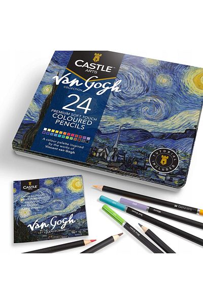 QuTek Thematic set of 24 colored pencils in a tin box, with tutorial, colors inspired by Van Gogh