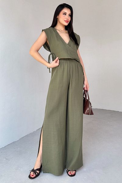 Cappmoda TKM-13273 Χακί Πλαϊνή Μπλούζα με διπλό γιακά Παντελόνι με σχισμή Σετ δύο τεμαχίων