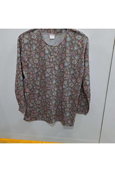 NUR TEKSTİL kadın anne penye önden 3 düğmeli çiçek desenli uzun kol bluz