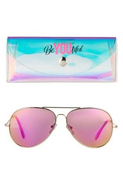 OEM Set ochelari de soare cu lentilă oglindă și geantă holografică „BeYOUtiful” pentru copii - 2 buc
