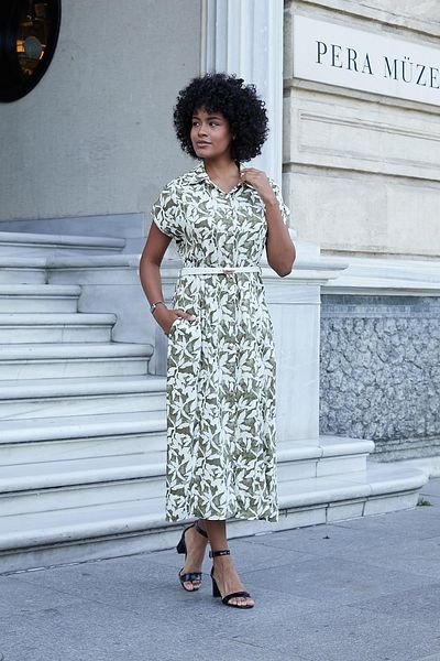 Jument Women's Patterned Collar Off-Shoulder Double Sleeve Belt Midi Length Dress (Leather Belt Included)-Khaki Floral