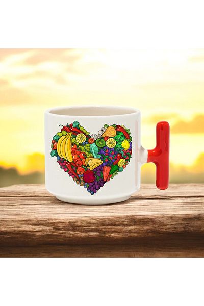BB TRADE Fruits Heart Designed Red T-Handle Ceramic Printed Mug 250 ml