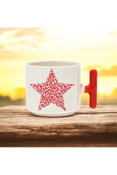 BB TRADE Star Design Red t Handle Ceramic Printed Mug 250 ml