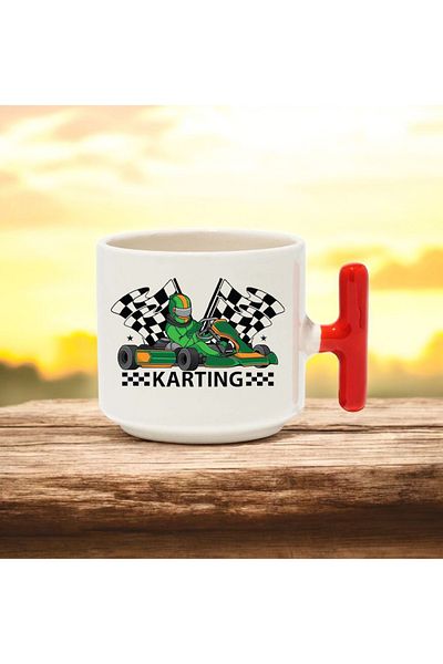 BB TRADE Karting Designed Red T-Handle Ceramic Printed Mug 250 ml