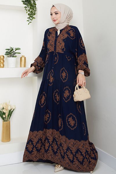 InStyle Gold Ethnic Pattern Navy Blue Viscose Dress