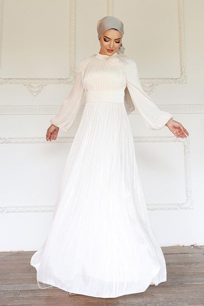 Olcay Flower Detailed Pleated Yoryo Silk Hijab Evening Dress Dress Elephant Dental 1240