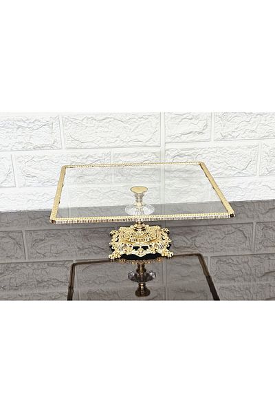 atabey home Glass Large Square Serving Plate-Presentation Plate-Speech Tray-Presentation Tray-Dumped Gold Frame 27cm