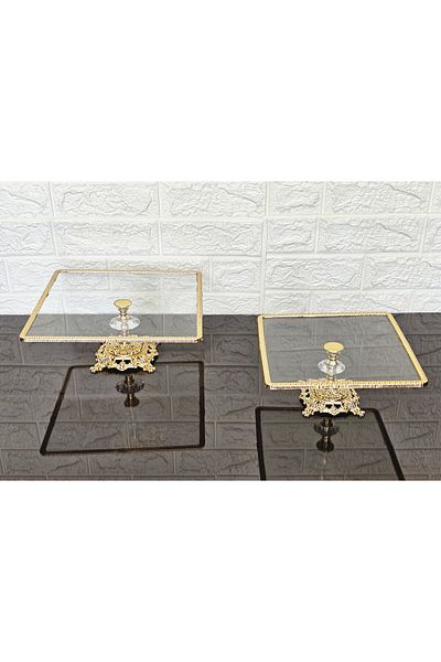 atabey home Glass 2-Pack Square Serving Plate-Presentation Plate-Speech Tray-Presentation Tray-Dump Gold Frame 22+27cm