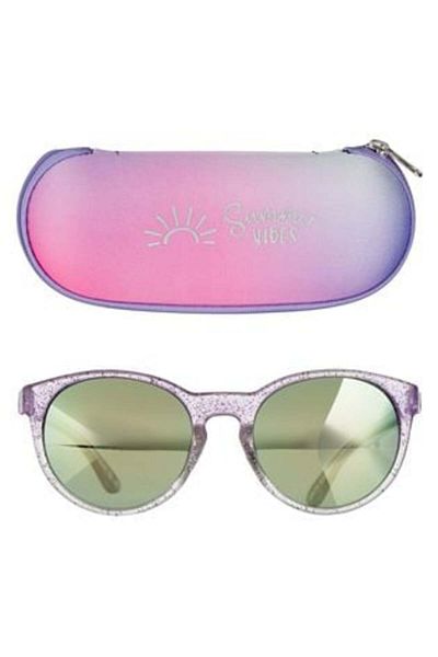 OEM Set ochelari de soare liliac cu sclipici și lentile oglindă și husă Summer Vibes pentru copii
