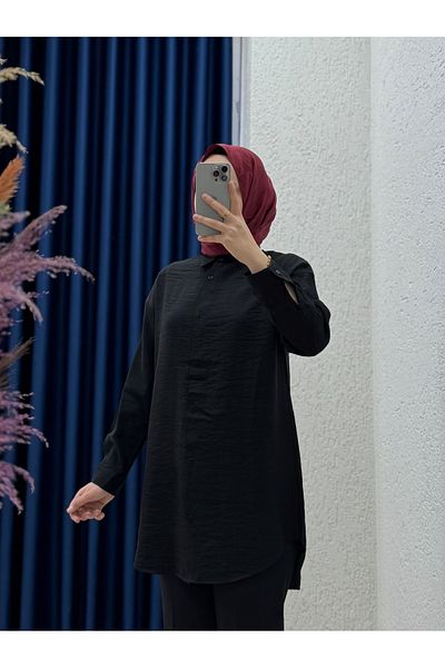 Mihra Sorenya Κοντό μπροστινό μακρύ πίσω μέρος Φασόλι υφασμάτινο πουκάμισο-Zİ2133 Μαύρο