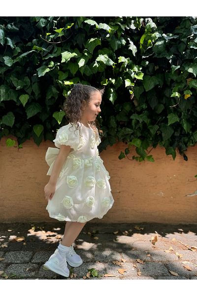 Minizade Baby Girl Girl Child Short Sleeve Back Detail Bow Special Day Birthday Party Wedding Eid Dress