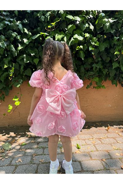 Minizade Baby Girl Kid's Short Sleeve Back Detail Bow Special Occasion Birthday Party Holiday Dress