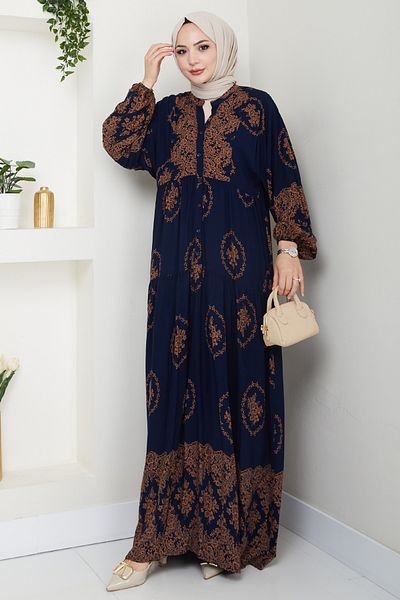 InStyle Gold Ethnic Pattern Navy Blue Viscose Dress
