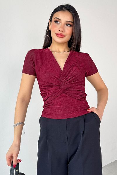 Cappmoda BLZ-13325 Μπλούζα με λαιμόκοψη σε μπορντό με λεπτομέρεια με δέσιμο μπροστά