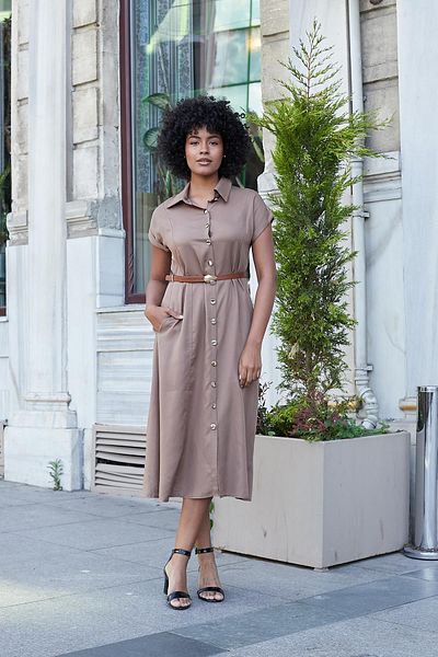 Jument Rochie de damă din twill modal, cu guler, cu mâneci duble, lungime midi, sub genunchi (inclusiv centura din piele)-cacao