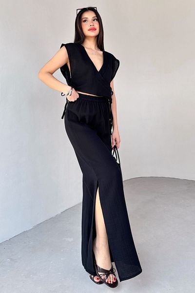 Cappmoda Tkm-13273 Black Side Tie Double Breasted Collar Blouse Slit Pants Double Suit