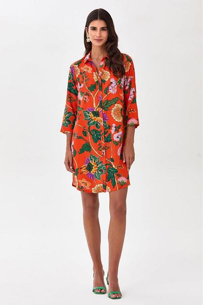 İKİLER Front Buttoned ¾ Sleeve Patterned Shirt Dress 025-4045