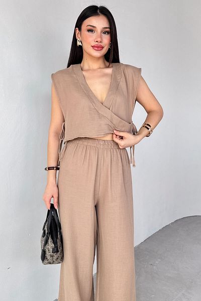 Cappmoda Tkm-13273 Mink Side Tie Double Breasted Collar Blouse Slit Trousers Double Suit
