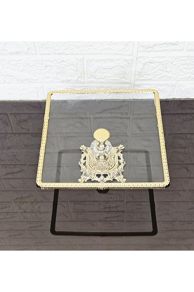 atabey home Glass Small Square Serving Plate-Presentation Plate-Speech Tray-Presentation Tray-Dump Gold Frame 22cm