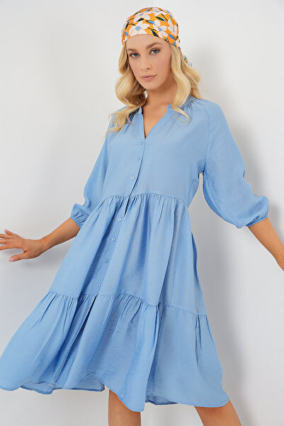 Bigdart Kadın Düğmeli Kısa Kol Elbise 2559 - İndigo