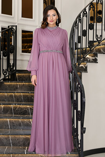 ELBENMODA Taş Detaylı Tül Tesettür Abiye Elbise SENAY