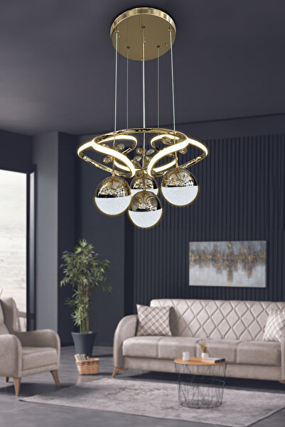 RSCOLLECTIONS Dron 3 Renk Modern Sarkıt 4 Toplu Led Avize Powerled Ledli Avize Kumandasız Gold